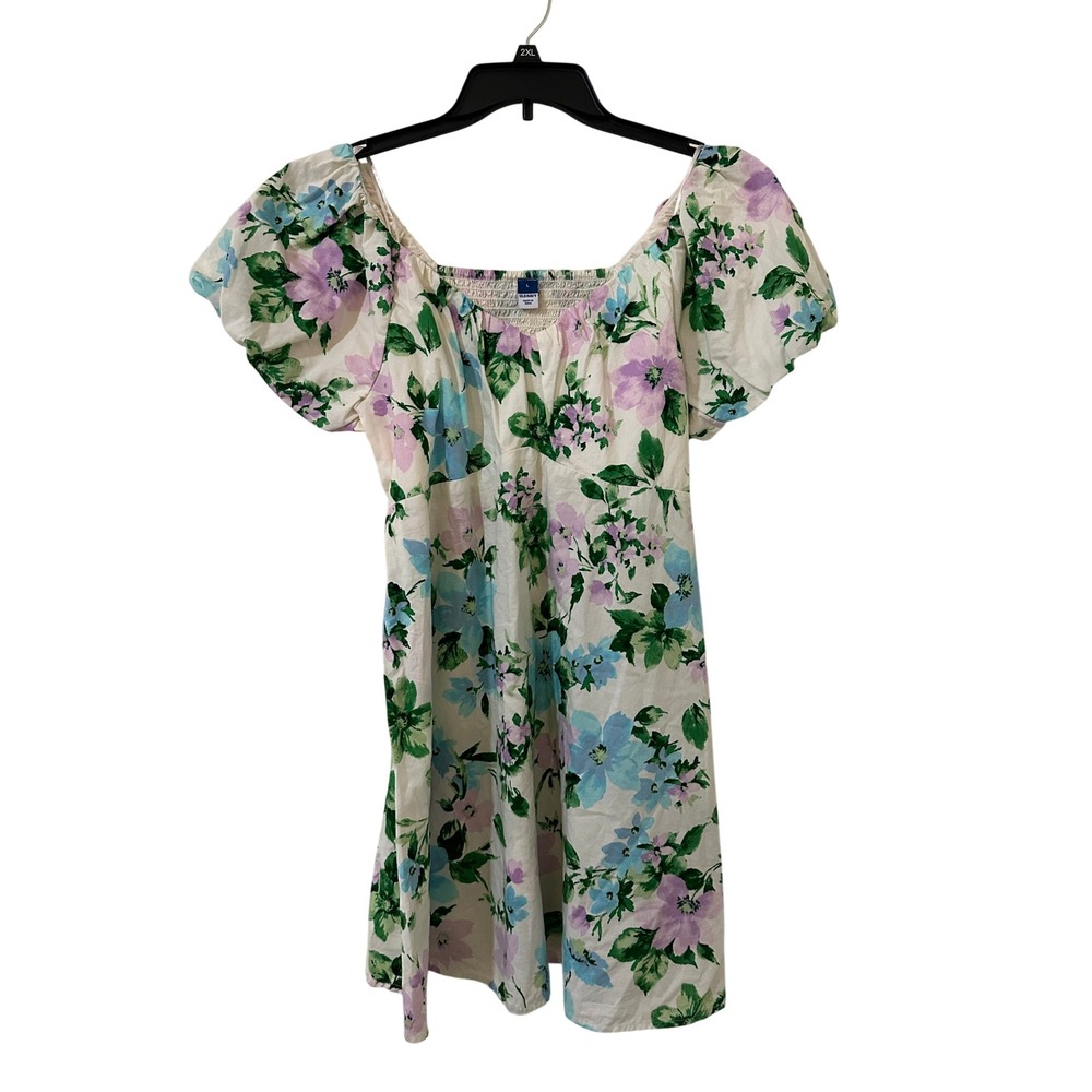 Old Navy Floral Puff Sleeve Smocked Back Cotton Mini Dress Large Garden Cotage